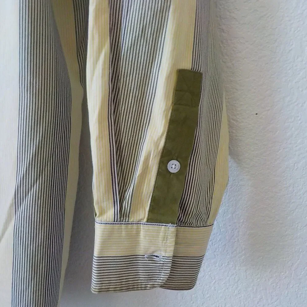 Akademiks Green Yellow Striped Button Up Shirt Long Sleeve Men size XL Classic